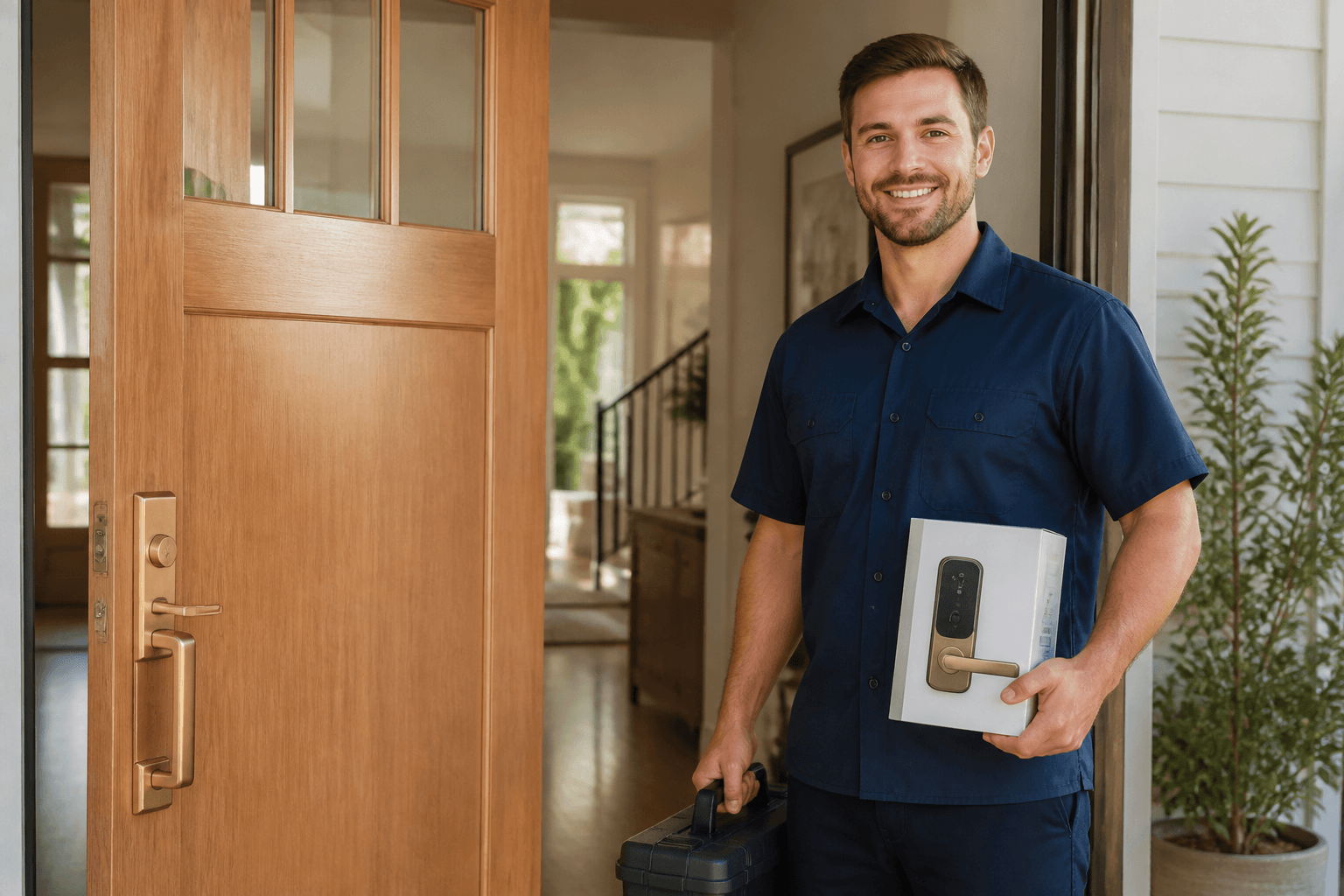 Professional home-service technician arriving with new door hardware